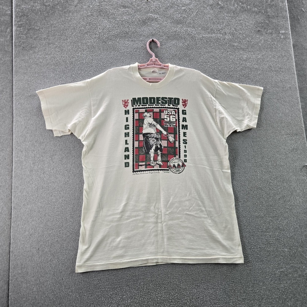 VINTAGE Modesto Highland Games Men Shirt XL White 90s Single Stitch Celtic READ